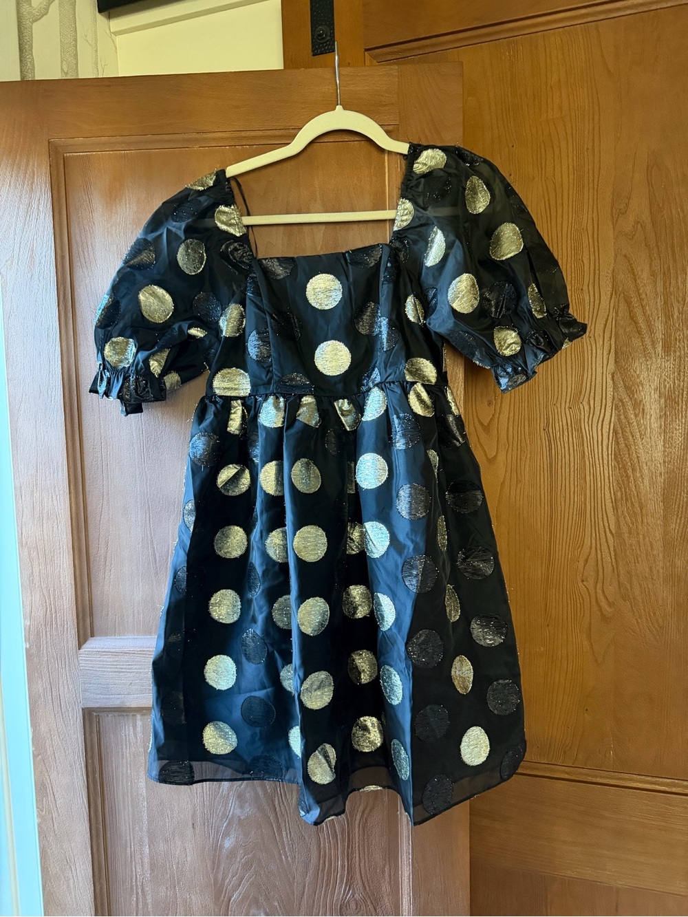 English Factory Black Party Dress with Gold Polka Dots